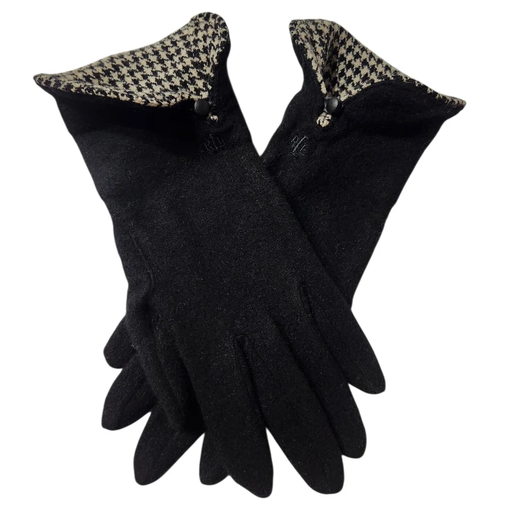 Lauren Ralph Lauren Wool & Cashmere Black Checked Gloves Size Small